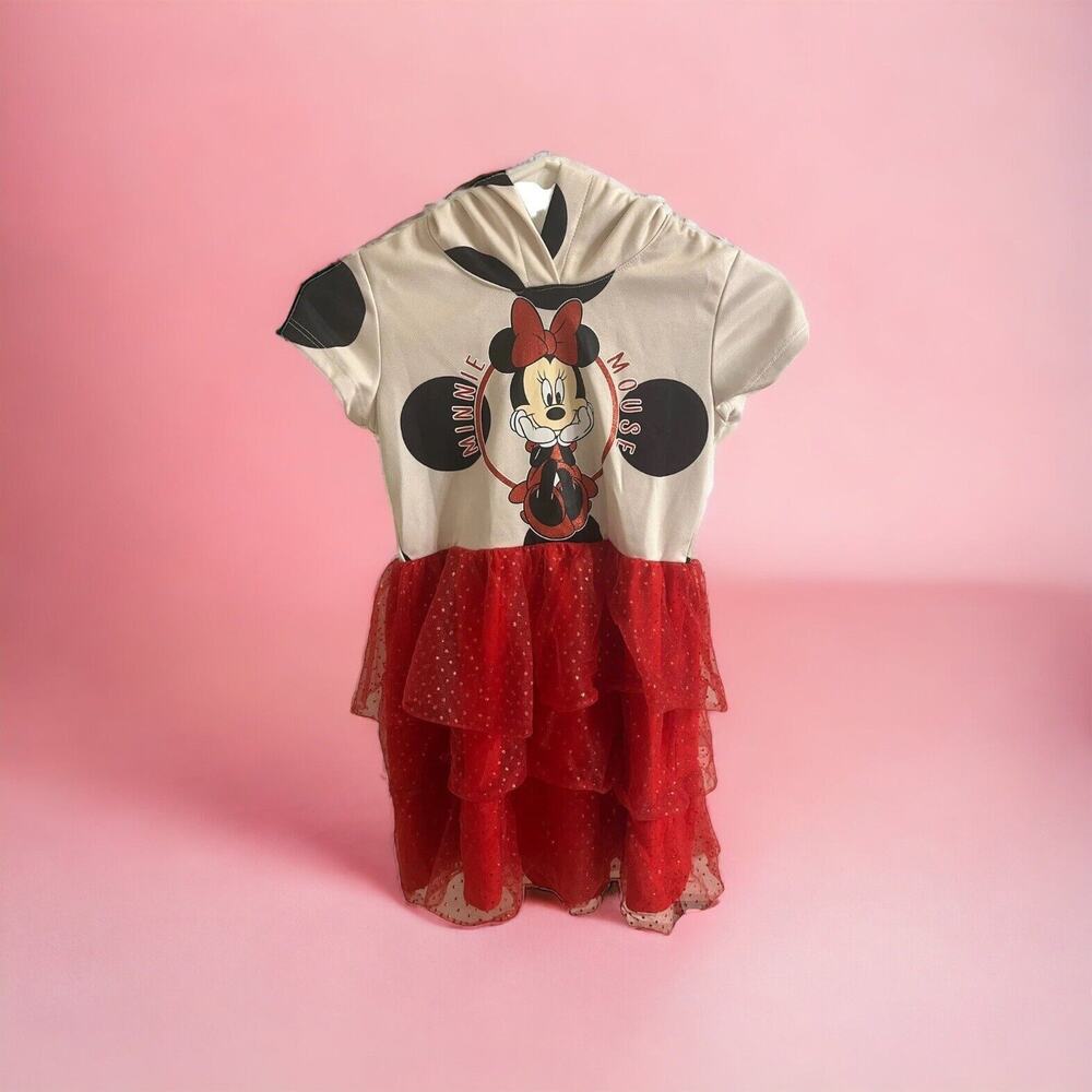 Disney Dress Girls Minnie Mouse Tutu‎ Hood Ears Size M 7/8 Short Sleeve Red
